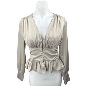 Jason Wu Beige Silk Satin V-neck Ruffle Peplum Long Sleeve Blouse Top Size XS